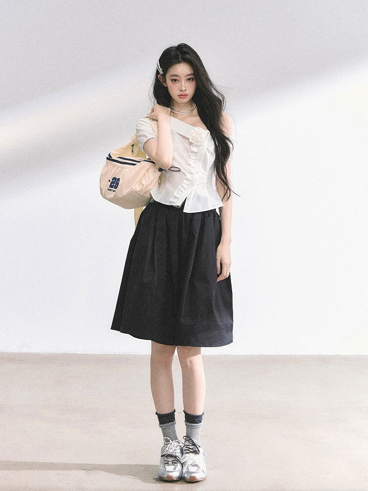 Skirt Length Knee Black/Navy Blue A-line