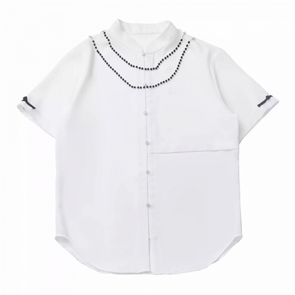 White Banded Collar Cheongsam Style Shirt with Detachable Beaded Chains