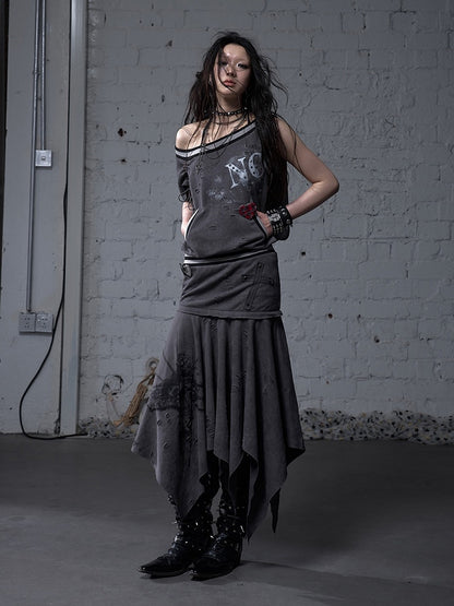 Asymmetrical Neckline Gray/White Wasteland Punk Distressed Dress