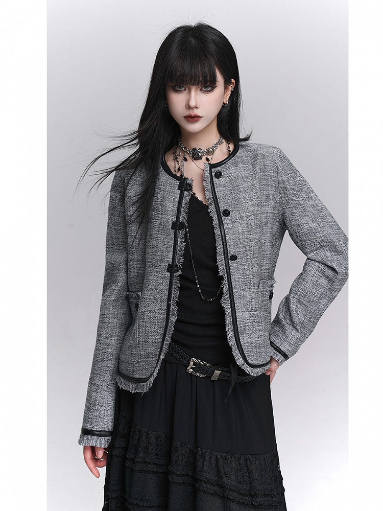 Strukturierte Trim Grau Raw PU Fall Kanten Schwarz Crop Jacke mit