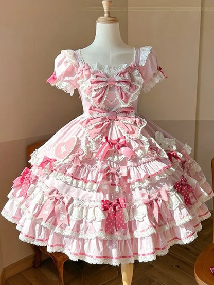 Ruffle Accents Bow Sweet Theme Bunny Piece One Dress Princess Pink Lolita