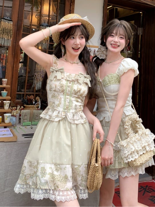 Light Vintage Print Lace Trim Tiered Skirt Green Elastic Waist