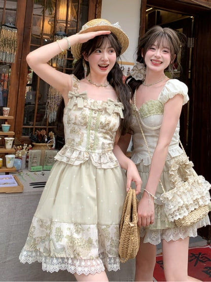 Light Vintage Print Lace Trim Tiered Skirt Green Elastic Waist