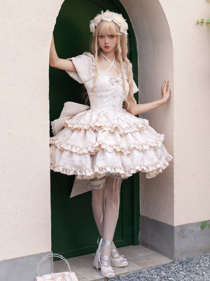 Champagne Princess Corset Waist Dress Ruffle Skirtith Big Bow