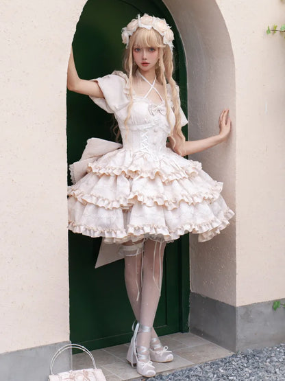 Ruffle Lolita Skirt Princess Corset Waist Dress Champagne OP with