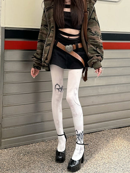 White 100D Punk Print Tights