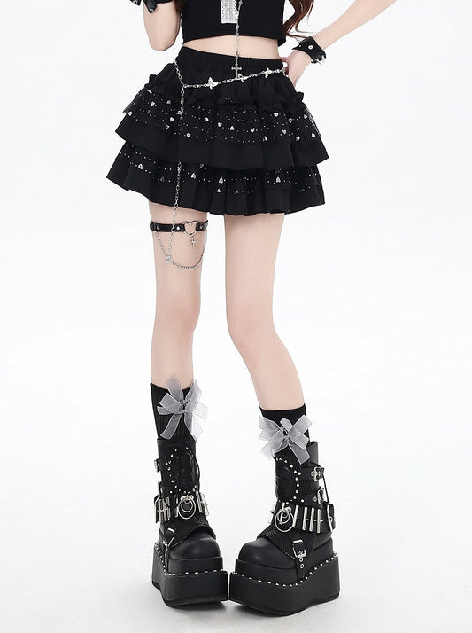 Black Sweetheart Sequins Puffy Tiered Skirt