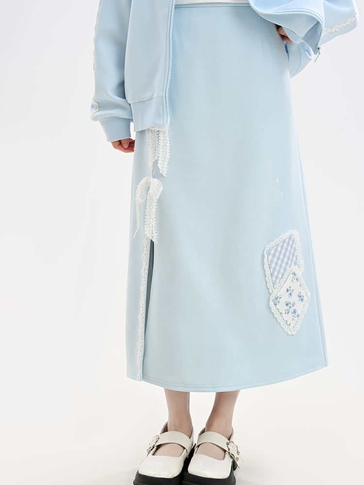 Blue Lace Bow Side Slit Floral Applique Skirt