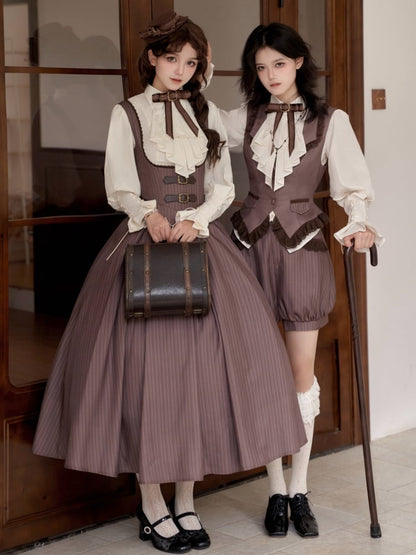 Brown Long Version Under Bust Elegant Classic Lolita JSK + Shirt + Mini Hat + Brooch + Necklace