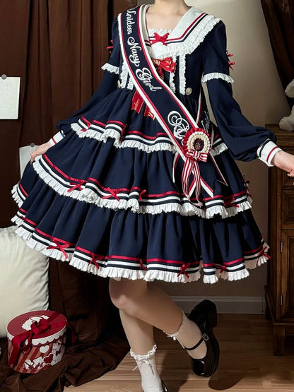 Sailor Set Lolita Navy Summer Dress Skirt Full OP Navycore Tiered Blue