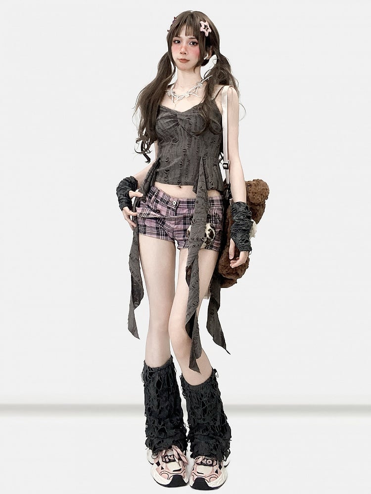 Gloves Gray Bittersweet Accents Top Ruffle Cascading + Distressed Details Cami