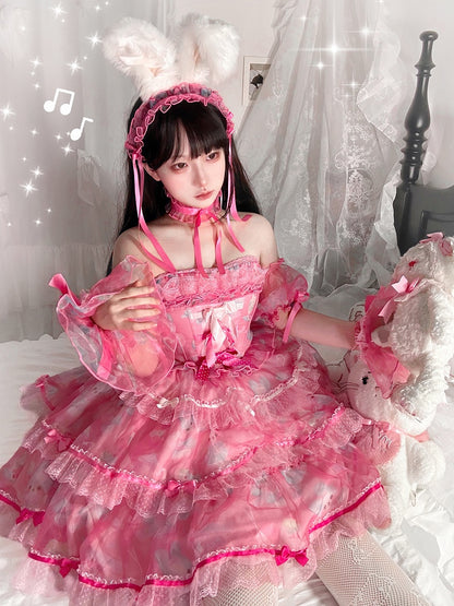 Cute Pink Lolita Accents Bow Bunny Boning Satin Print Dress
