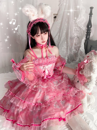 Bow Accents Bunny Print Satin Dress Boning Pink Cute Lolita
