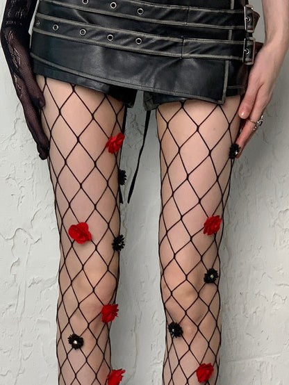 Tights Floral Black Fishnet Details Y2K