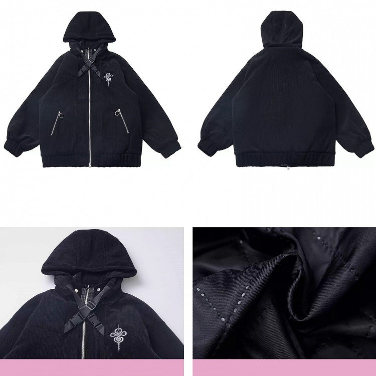 Black Snake Criss-cross Buckle Straps Hooded Jacket
