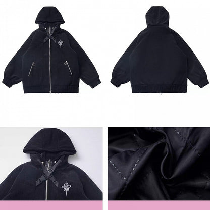 Black Snake Criss-cross Buckle Straps Hooded Jacket