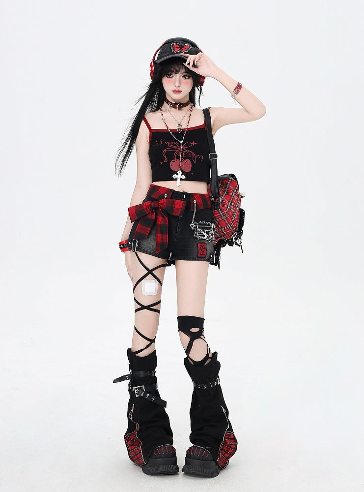 Red Denim Shorts Plaid Bowknot Black Glamorous
