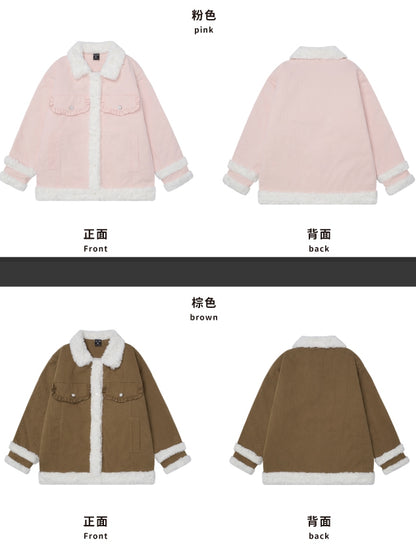 Pink/Camel Polo Collar Plush Trim Thick Jacket