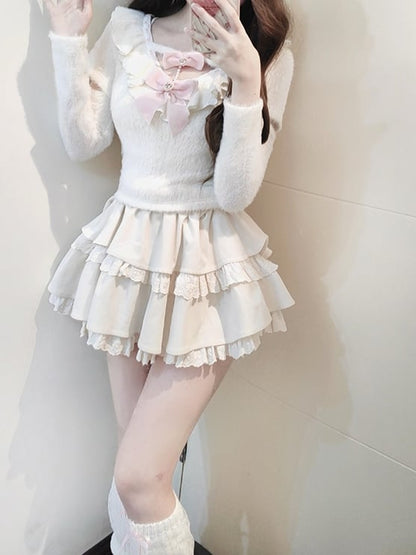 White Ruffle Neckline Cutout Sleeves Sweater with Tiered Skirt and Pink Bows Set