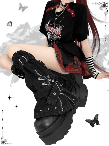 Black Punk 47.5cm Leg Warmers with Zipper and Buckle Straps at Cuffs Studded