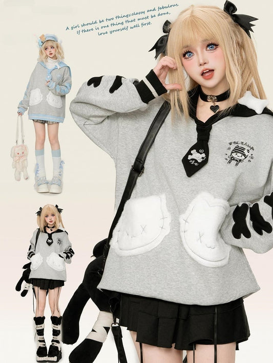 Blue/Black Kitty Embroidery Sailor Collar Sweatshirt