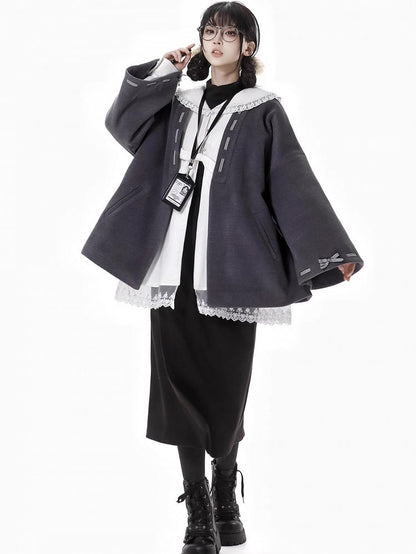 Dark Grey Bow Accents Open Placket Woolen Coat