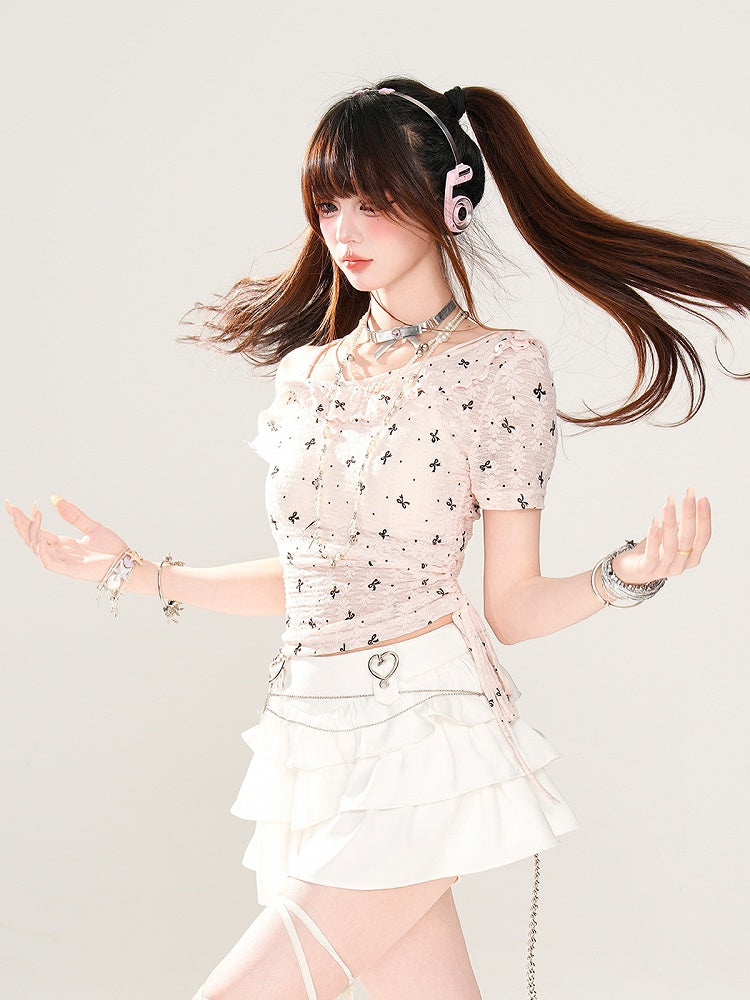 Asymmetrical Neckline Bow Print Drawstring Semi-sheer T-Shirt Pink Waist