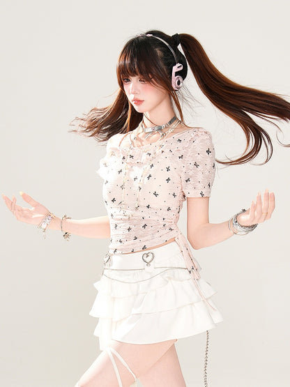 Asymmetrical Neckline Bow Print Drawstring Semi-sheer T-Shirt Pink Waist