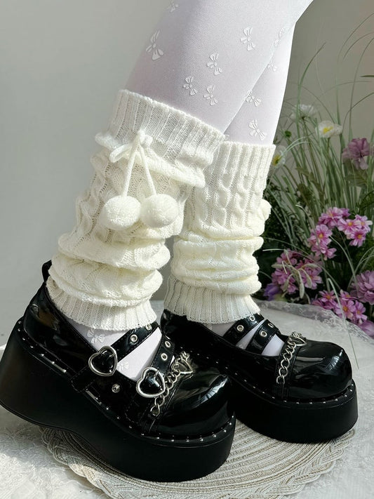 Jambières tricotées à pompons blancs Sweet Lolita