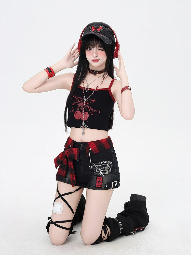 Red Denim Shorts Plaid Bowknot Black Glamorous