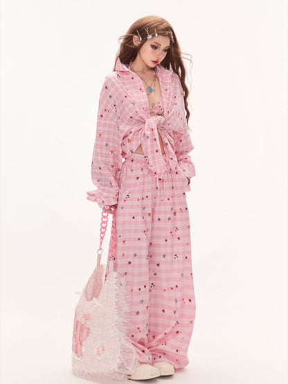 Pink Star Pattern Drawstring Waist Wide-Leg Plaid Pants