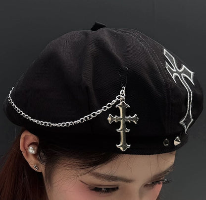 Punk Black Cross Applique Cross Chain Detail Beret