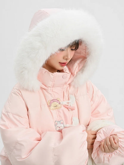 Pink Cute Bear and Kitty Plush Trim Hooded Down Coat