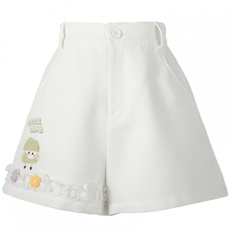 Floral Lace Trim White Shorts Lamb Embroidery Accents