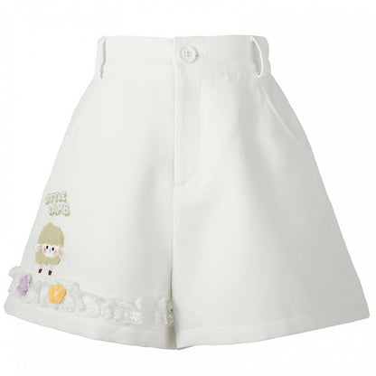Floral Lace Trim White Shorts Lamb Embroidery Accents