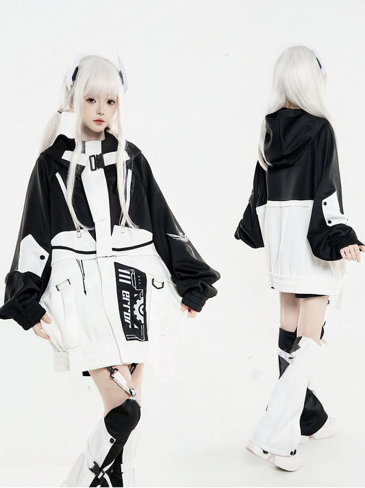 in Futuristic Techwear Detachable White Design Colorblock Landmine Style Black Jacket and