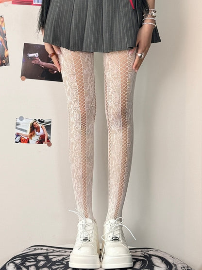 Tights Cut-out Rosette Black/White/Brown/Purple Y2K Design Pattern