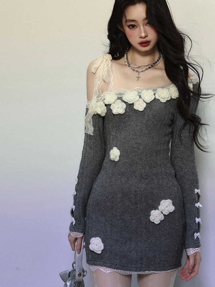 Grey Crochet Flowers Adorned Asymmetrical Mini Dress Lace Trim