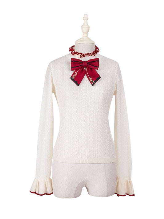 Ruffle Aprioct with Bowknot Long Top Red Sleeves Neckline