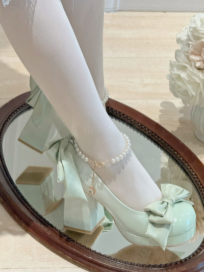 Grüne Lolita-Plateauschuhe mit Schleife und runder Mary-Schuh-Details