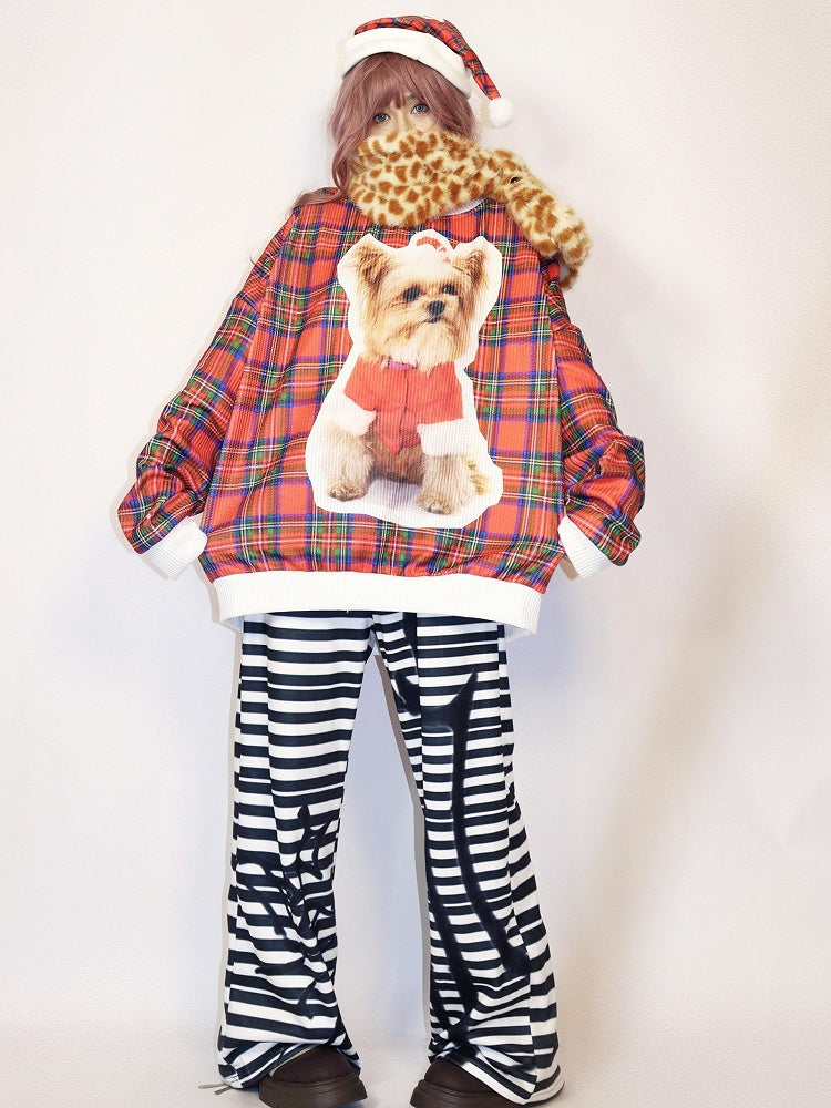 Christmas Plaid Sweatshirt With Puppy Print Red