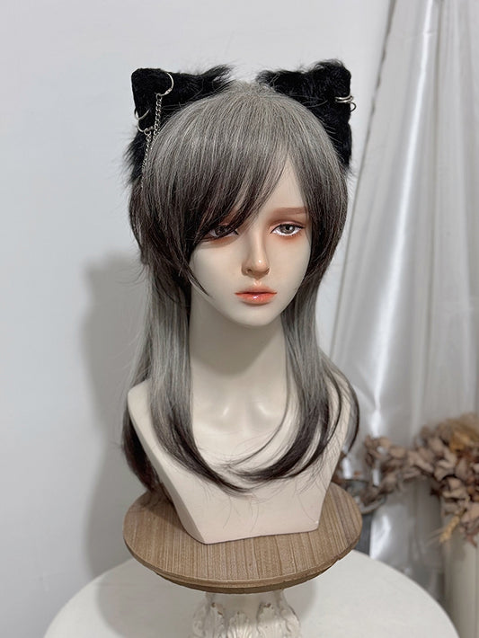 Black 45CM Ouji Bangs Ombre Straight Gray And With Style Length Wig