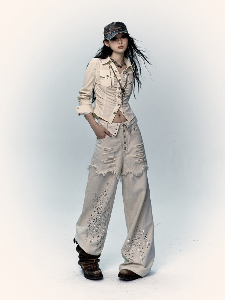Apricot Wide-Leg Distressed Jeans with Rhinestone