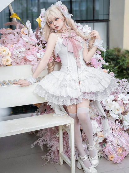 Straps Spaghetti JSK Lolita Pink Balletcore White Corset + Dress