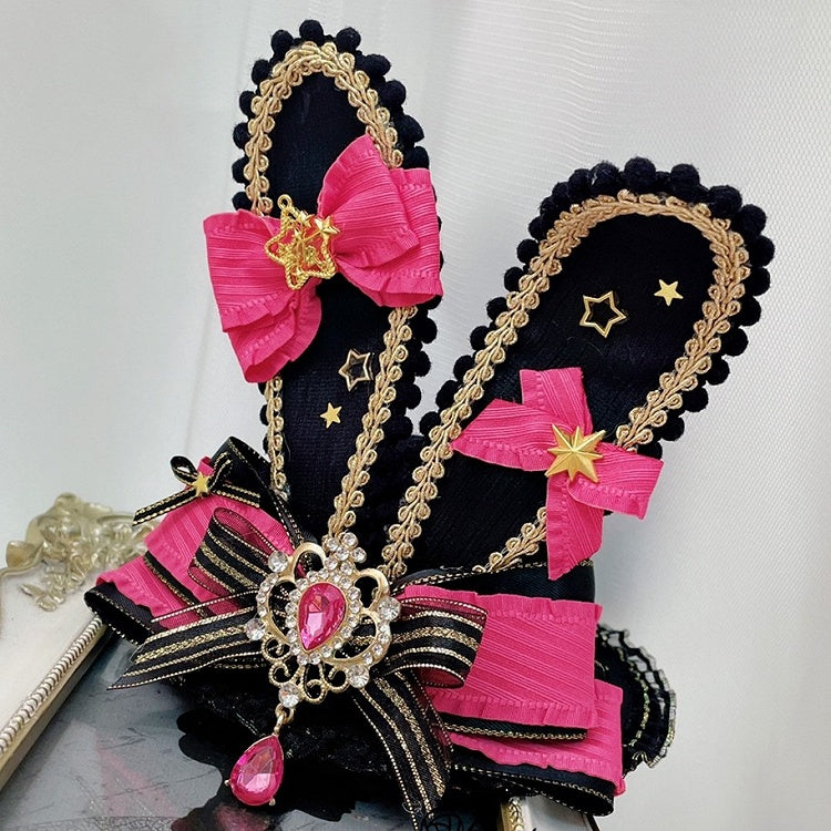 Kei Hat BalckPink Bowknot Rhinestone Jirai Charm Ears Mini Bunny