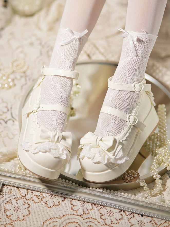 White Bow Milky Buckles at Platforms Lace Trim Top Heart