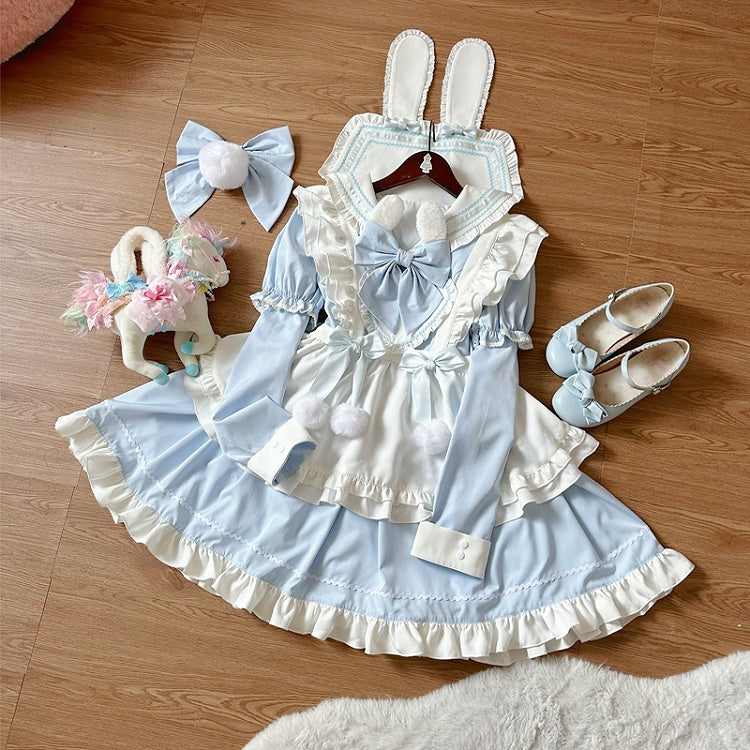 White Maid Sailor Blue Dress Sleeves Apron Ears Lolita Short Collar with Bunny