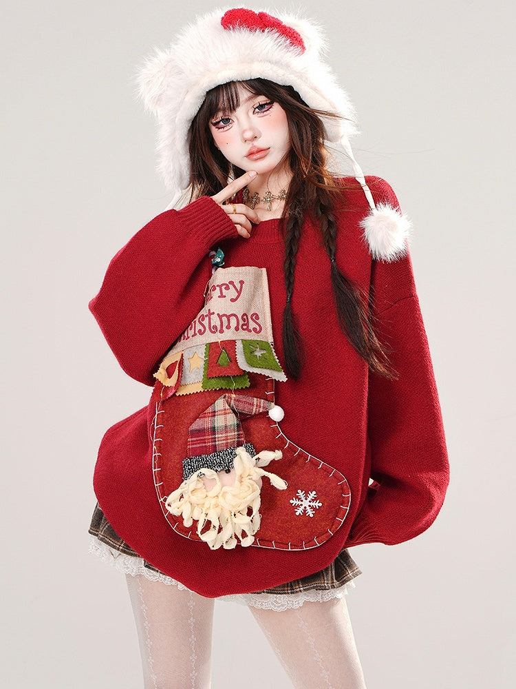 Red Christmas Stocking Design Round Neck Loose Sweater