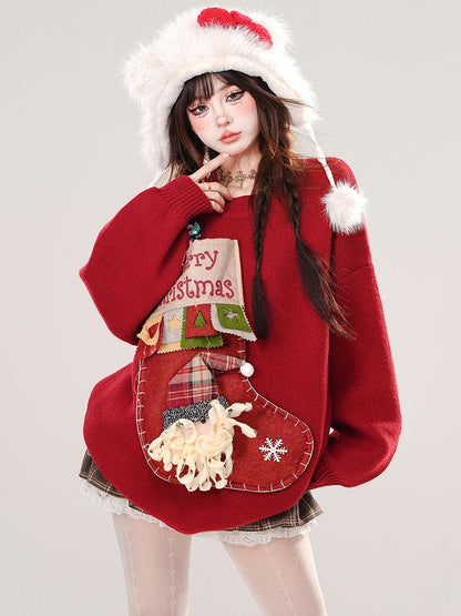 Red Christmas Stocking Design Round Neck Loose Sweater