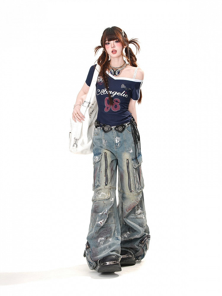 Navy Blue/White Asymmetrical Neckline Cutout Shoulder Number Glamorous T-Shirt